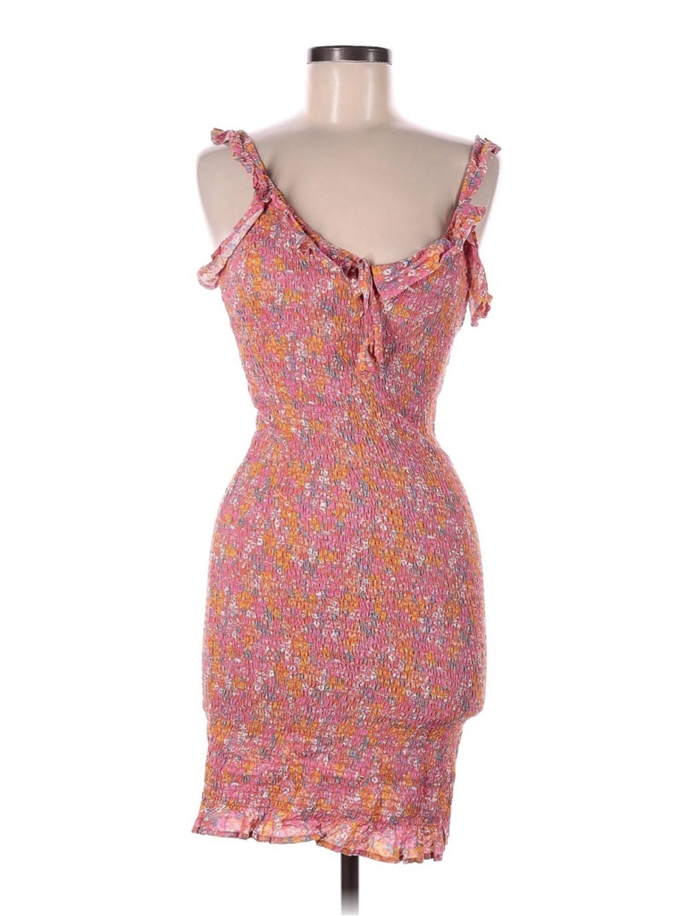 Japna Pink Floral Smocked Mini Dress with Tie Straps